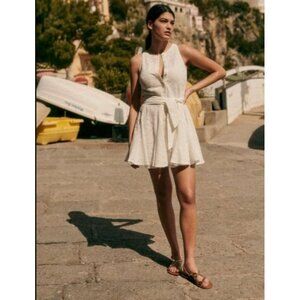 Sezane Solitta White Floral Eyelet Sleeveless Belted Dress, Size 46 | 14